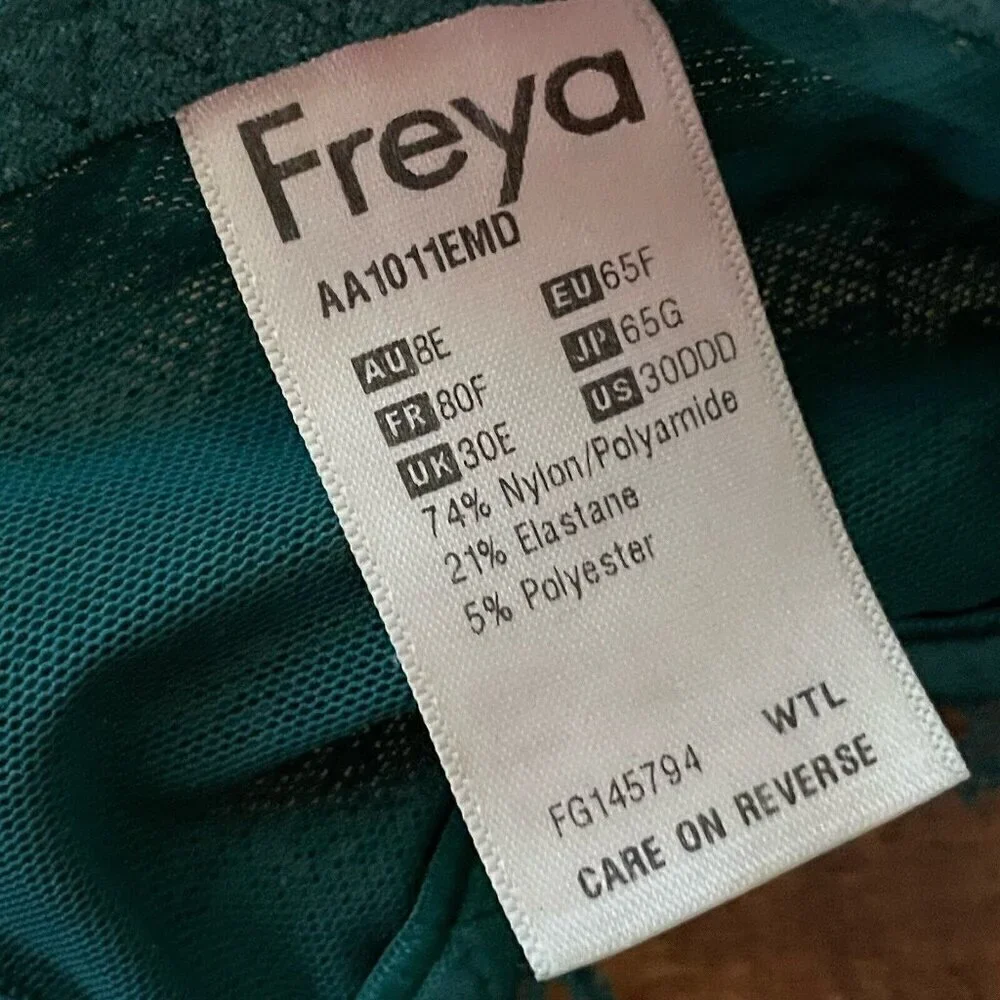Freya 30DDD Fancies Plunge Bra Green Stretch Lace Semi Sheer Underwire AA1011